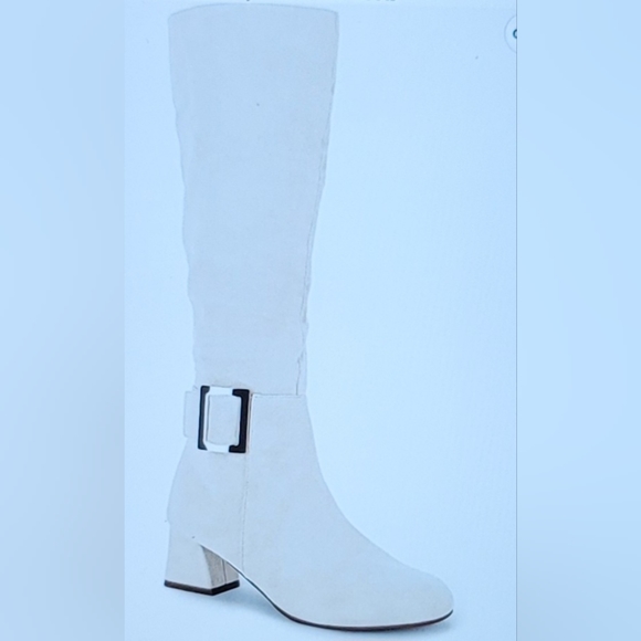 NIB FAUX SUEDE METAL BUCKLE SIDE ZIP CHUNKY HEEL KNEE HIGH BOOT BEIGE 5.5 - Picture 8 of 15